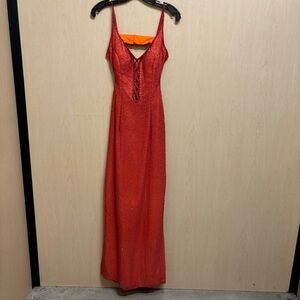 SCALA Vintage Orange Beaded Long Formal Prom Dress Backless Y2K 1990 100% Silk